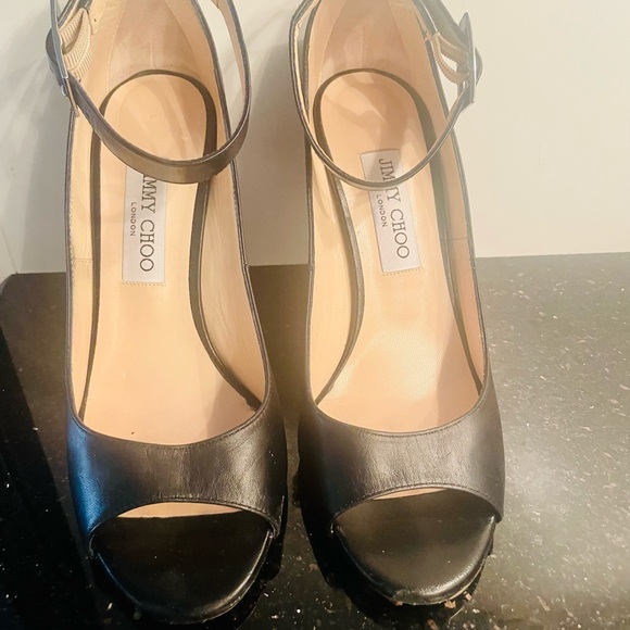 Very gently worn Jimmy Choo black peep toe ankle strap 4 inch heel. Classic - Picture 2 of 6